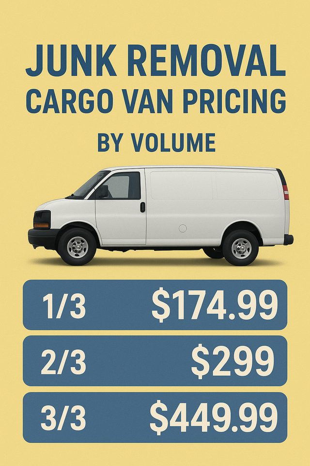 Cargo van pricing by volume: 1/3 $174.99, 2/3 $299, full $449.99