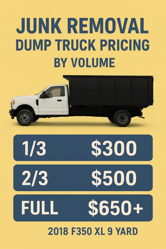 Dump truck pricing by volume: 1/3 $300, 2/3 $500, full $650+
